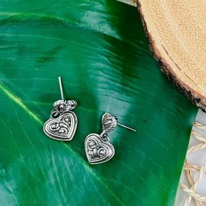 Double Heart silver tone hanging post earrings Dangling